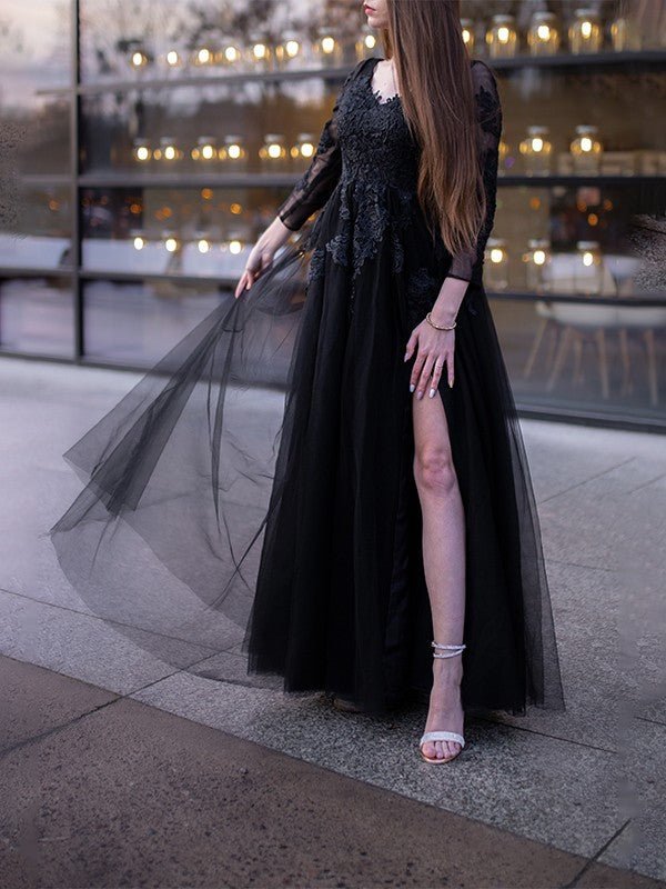 NumberSea - Ball Gown Tulle Long Sleeves Applique Off - the - Shoulder Floor - Length Dresses