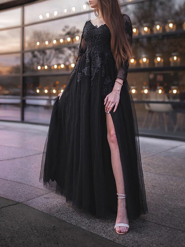 NumberSea - Ball Gown Tulle Long Sleeves Applique Off - the - Shoulder Floor - Length Dresses