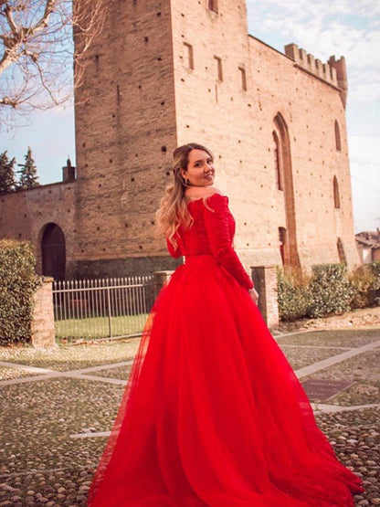 NumberSea - Ball Gown Tulle Long Sleeves Lace Off - the - Shoulder Court Train Dresses