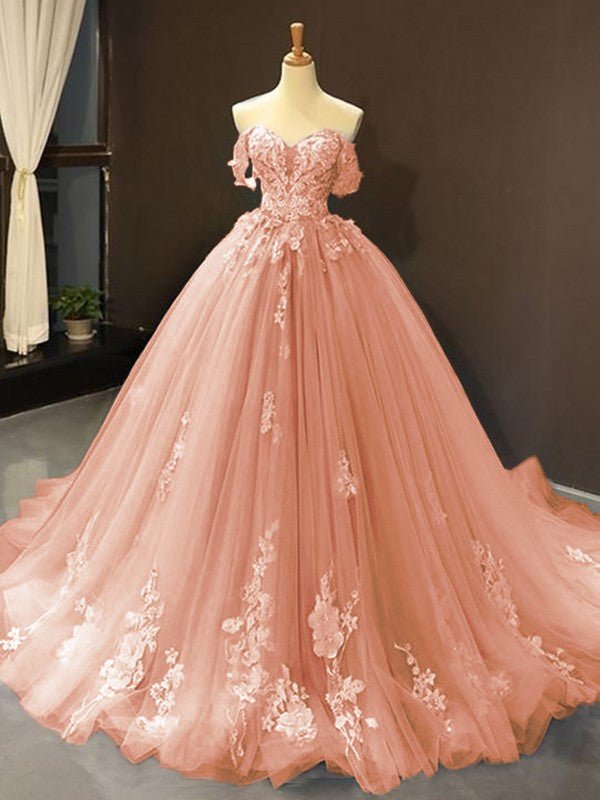 NumberSea - Ball Gown Tulle Off - the - Shoulder Sleeveless Applique Chapel Train Dresses