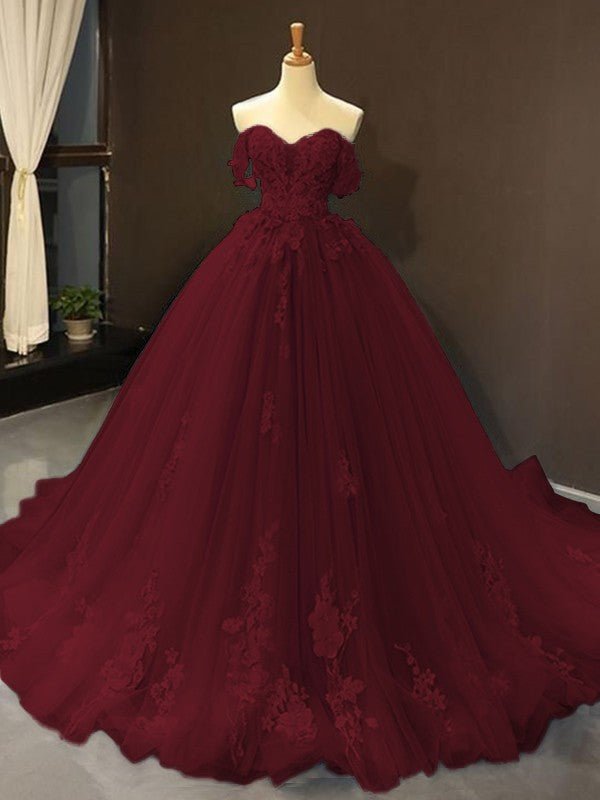 NumberSea - Ball Gown Tulle Off - the - Shoulder Sleeveless Applique Chapel Train Dresses