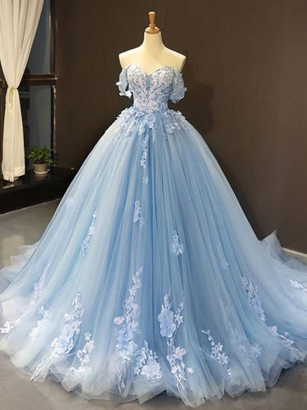 NumberSea - Ball Gown Tulle Off - the - Shoulder Sleeveless Applique Chapel Train Dresses