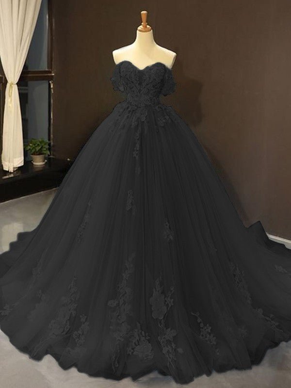 NumberSea - Ball Gown Tulle Off - the - Shoulder Sleeveless Applique Chapel Train Dresses