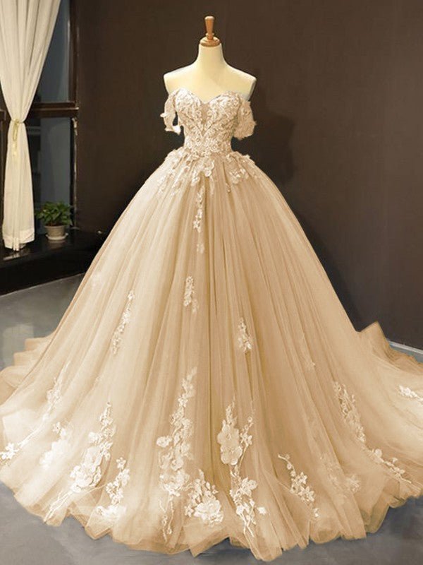 NumberSea - Ball Gown Tulle Off - the - Shoulder Sleeveless Applique Chapel Train Dresses