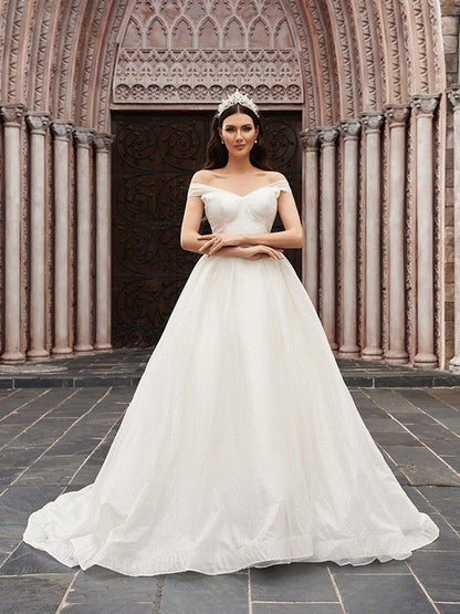 NumberSea - Ball Gown Tulle Ruched Off - the - Shoulder Sleeveless Court Train Wedding Dresses