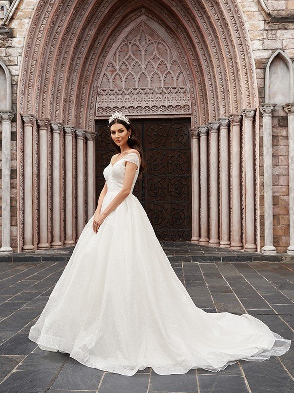 NumberSea - Ball Gown Tulle Ruched Off - the - Shoulder Sleeveless Court Train Wedding Dresses