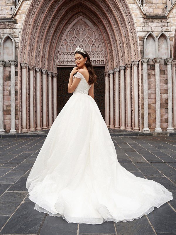 NumberSea - Ball Gown Tulle Ruched Off - the - Shoulder Sleeveless Court Train Wedding Dresses