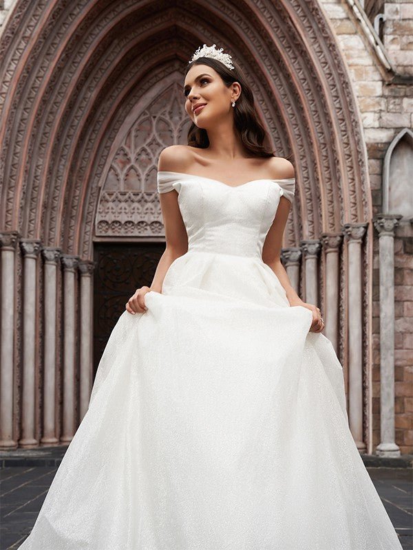 NumberSea - Ball Gown Tulle Ruched Off - the - Shoulder Sleeveless Court Train Wedding Dresses