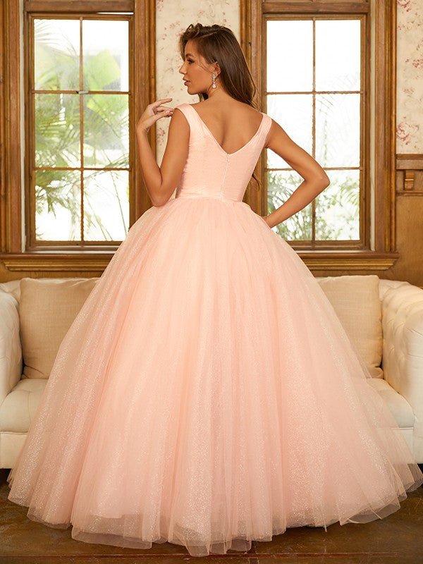 NumberSea - Ball Gown Tulle Ruffles V - neck Sleeveless Floor - Length Dresses