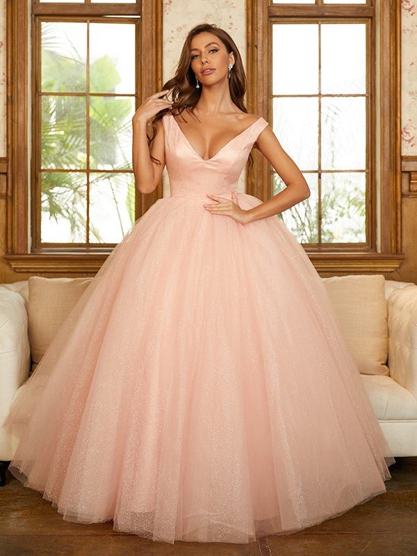 NumberSea - Ball Gown Tulle Ruffles V - neck Sleeveless Floor - Length Dresses