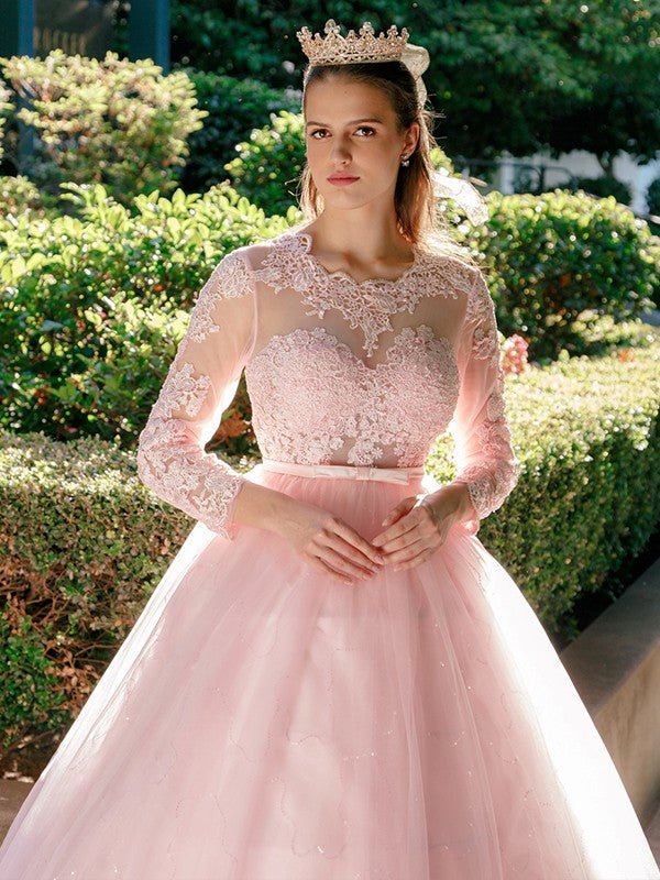 NumberSea - Ball Gown Tulle Scoop Lace Long Sleeves Sweep/Brush Train Dresses