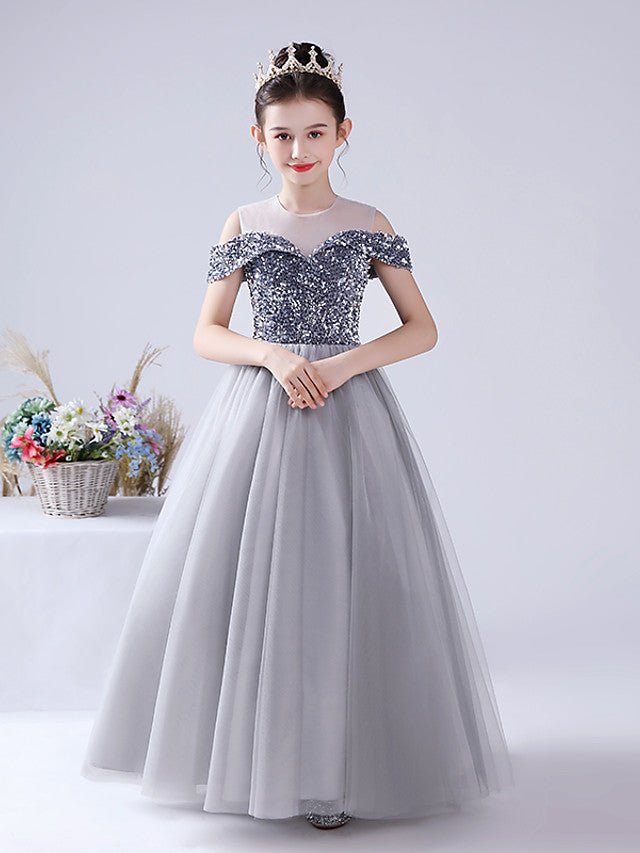 NumberSea - Ball Gown Tulle Sequined Off The Shoulder Jewel Neck Party Birthday Flower Girl Dresses