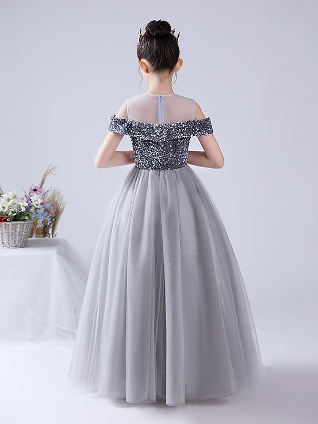 NumberSea - Ball Gown Tulle Sequined Off The Shoulder Jewel Neck Party Birthday Flower Girl Dresses