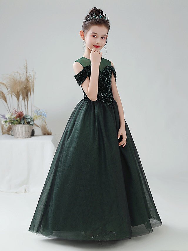 NumberSea - Ball Gown Tulle Sequined Off The Shoulder Jewel Neck Party Birthday Flower Girl Dresses