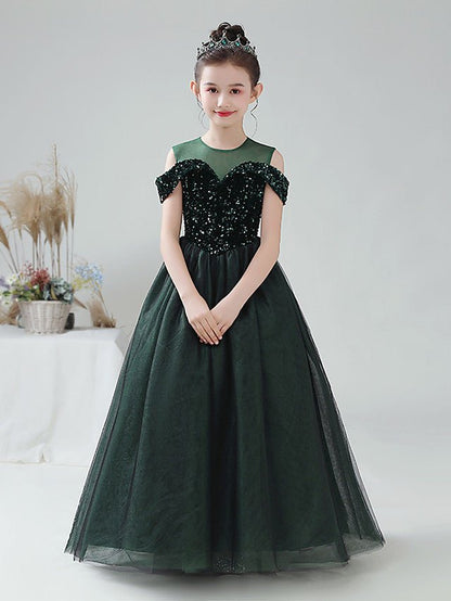 NumberSea - Ball Gown Tulle Sequined Off The Shoulder Jewel Neck Party Birthday Flower Girl Dresses