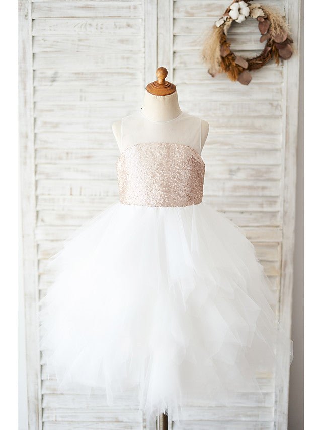 NumberSea - Ball Gown Tulle Sequined Sleeveless Jewel Neck Wedding Birthday Flower Girl Dresses