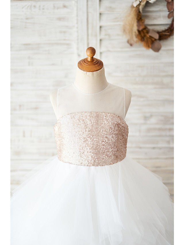 NumberSea - Ball Gown Tulle Sequined Sleeveless Jewel Neck Wedding Birthday Flower Girl Dresses