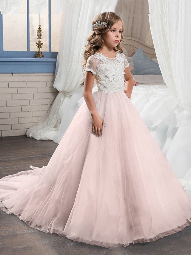 NumberSea - Ball Gown Tulle Short Sleeve Jewel Neck Sweep Brush Train Wedding Party Flower Girl Dresses