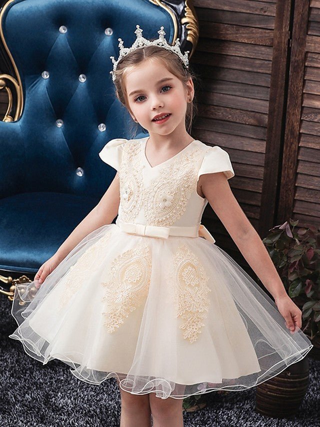 NumberSea - Ball Gown Tulle Short Sleeve V Neck Wedding Party Flower Girl Dresses