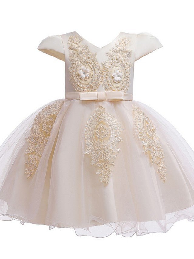 NumberSea - Ball Gown Tulle Short Sleeve V Neck Wedding Party Flower Girl Dresses