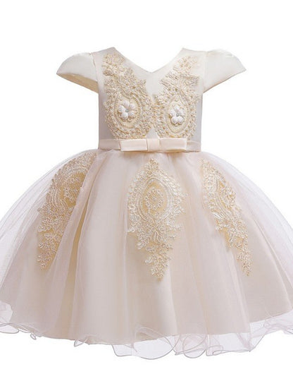 NumberSea - Ball Gown Tulle Short Sleeve V Neck Wedding Party Flower Girl Dresses