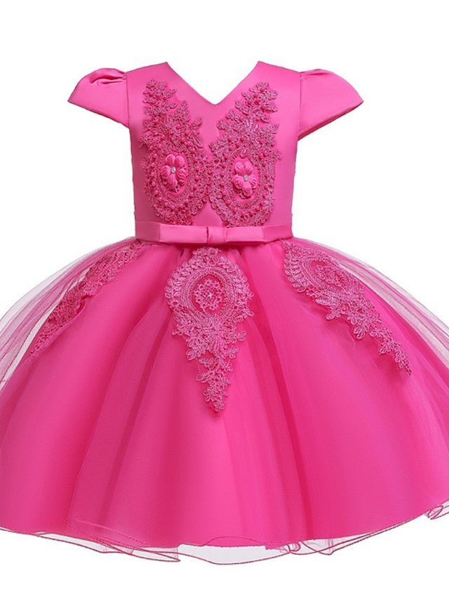 NumberSea - Ball Gown Tulle Short Sleeve V Neck Wedding Party Flower Girl Dresses