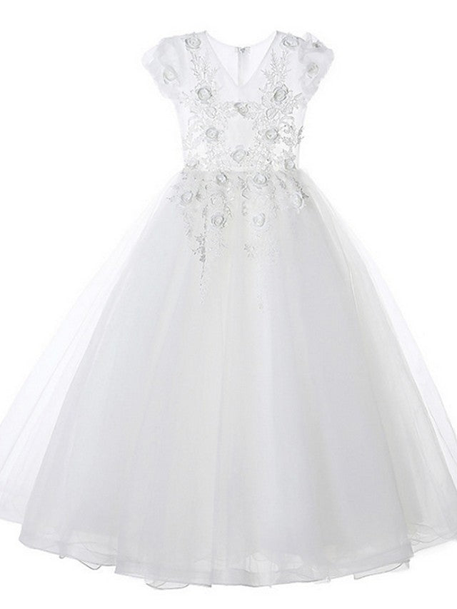 NumberSea - Ball Gown Tulle Short Sleeve V Neck Wedding Party Flower Girl Dresses