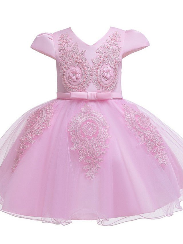 NumberSea - Ball Gown Tulle Short Sleeve V Neck Wedding Party Flower Girl Dresses