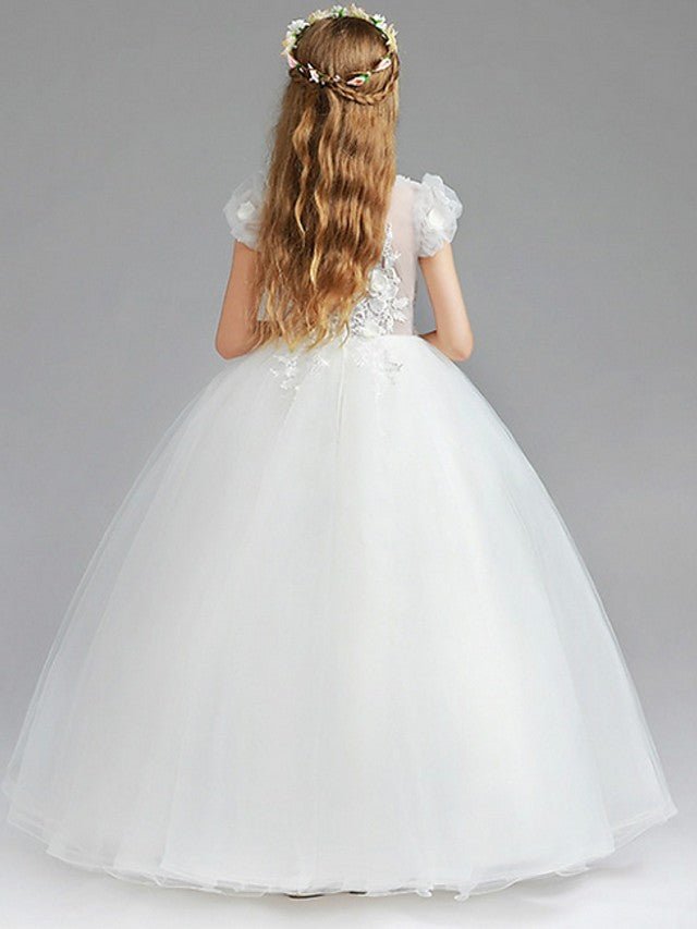 NumberSea - Ball Gown Tulle Short Sleeve V Neck Wedding Party Flower Girl Dresses