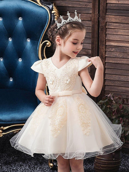 NumberSea - Ball Gown Tulle Short Sleeve V Neck Wedding Party Flower Girl Dresses