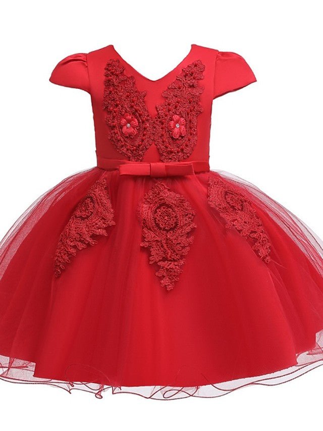 NumberSea - Ball Gown Tulle Short Sleeve V Neck Wedding Party Flower Girl Dresses