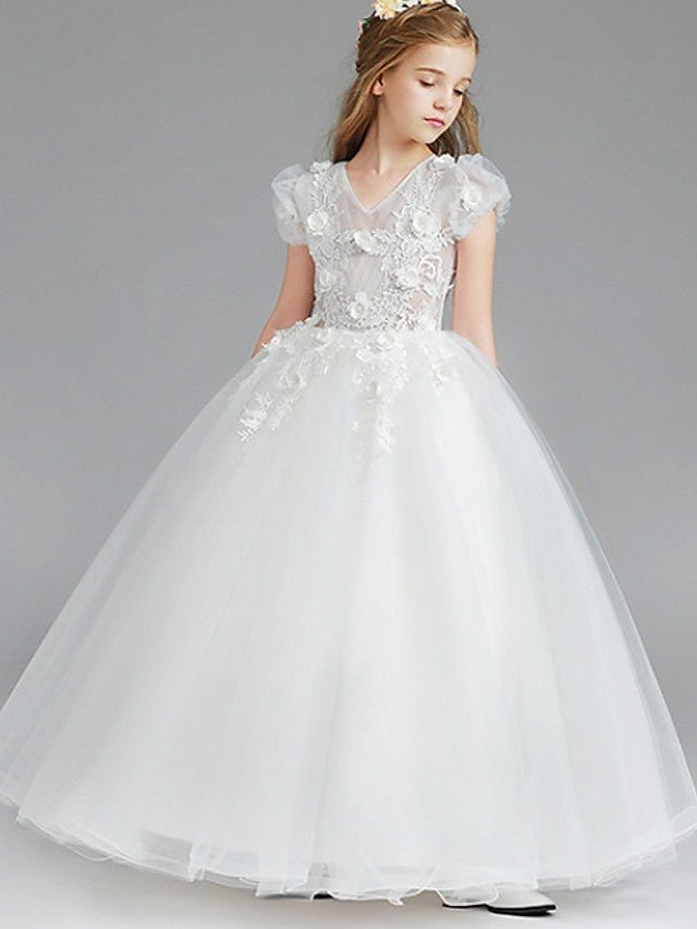 NumberSea - Ball Gown Tulle Short Sleeve V Neck Wedding Party Flower Girl Dresses