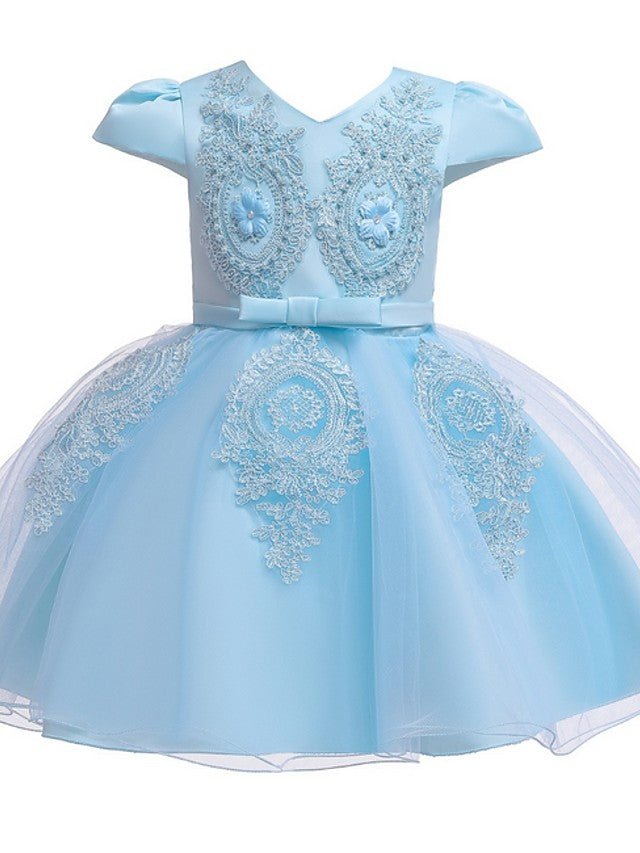 NumberSea - Ball Gown Tulle Short Sleeve V Neck Wedding Party Flower Girl Dresses