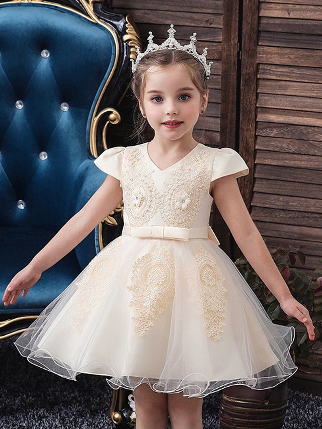 NumberSea - Ball Gown Tulle Short Sleeve V Neck Wedding Party Flower Girl Dresses