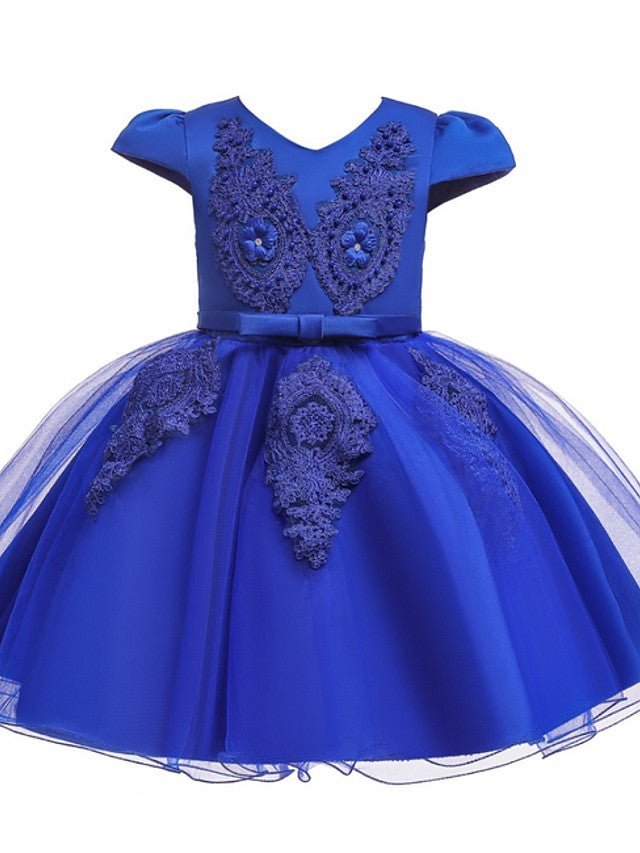 NumberSea - Ball Gown Tulle Short Sleeve V Neck Wedding Party Flower Girl Dresses