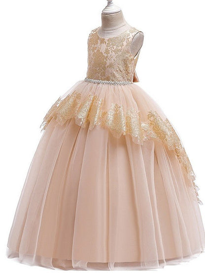 NumberSea - Ball Gown Tulle Sleeveless Jewel Neck Pageant Flower Girl Dresses