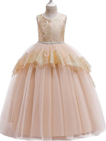 NumberSea - Ball Gown Tulle Sleeveless Jewel Neck Pageant Flower Girl Dresses