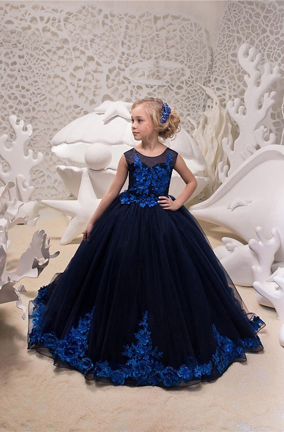 NumberSea - Ball Gown Tulle Sleeveless Jewel Neck Sweep Brush Train Wedding Party Flower Girl Dresses