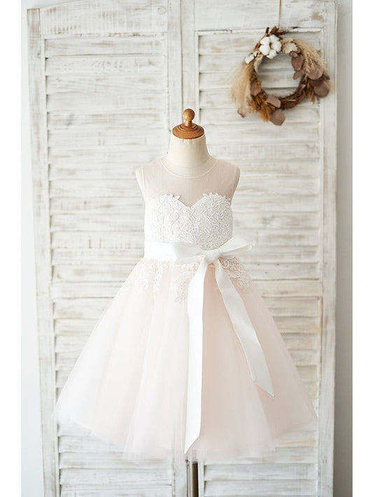 NumberSea - Ball Gown Tulle Sleeveless Jewel Neck Wedding Party Flower Girl Dresses