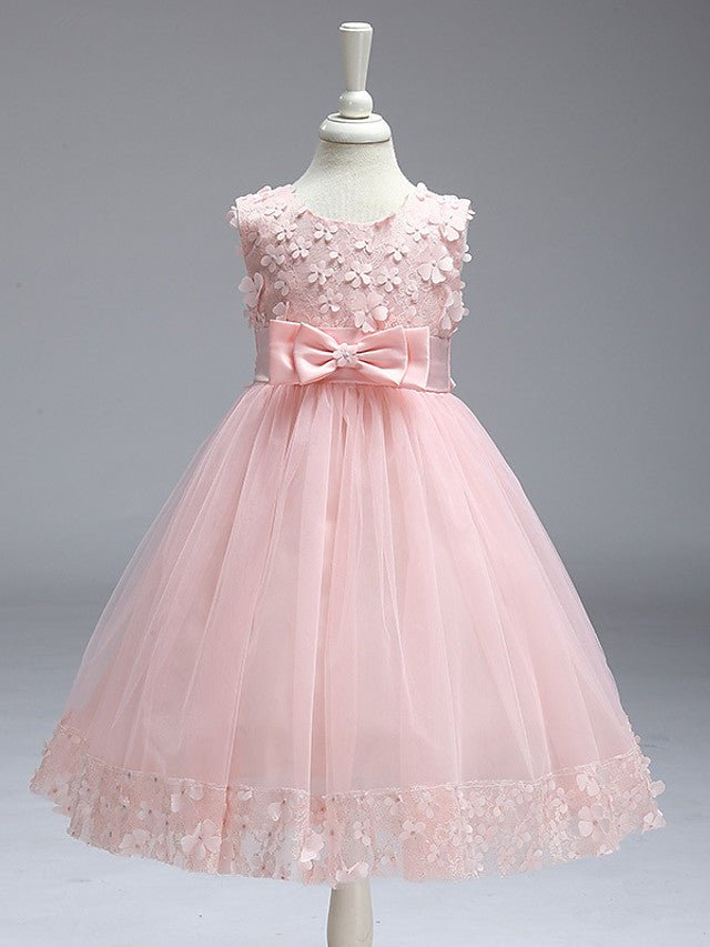 NumberSea - Ball Gown Tulle Sleeveless Jewel Neck Wedding Party Flower Girl Dresses With Bow