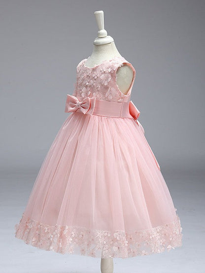 NumberSea - Ball Gown Tulle Sleeveless Jewel Neck Wedding Party Flower Girl Dresses With Bow