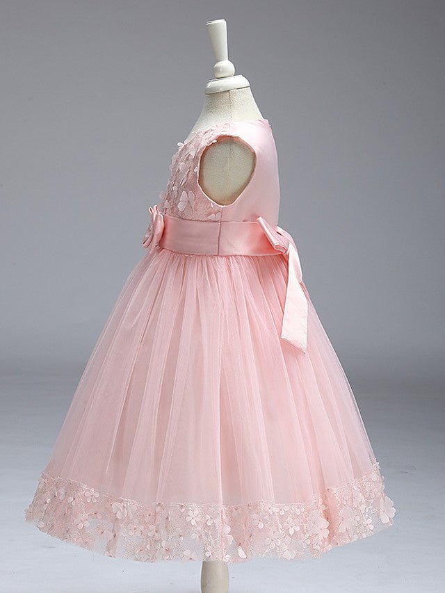 NumberSea - Ball Gown Tulle Sleeveless Jewel Neck Wedding Party Flower Girl Dresses With Bow