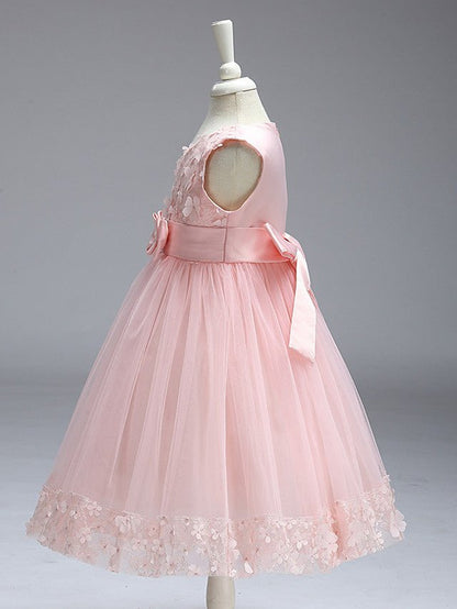 NumberSea - Ball Gown Tulle Sleeveless Jewel Neck Wedding Party Flower Girl Dresses With Bow