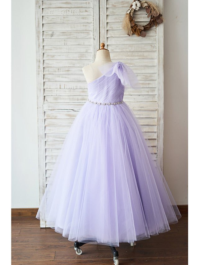 NumberSea - Ball Gown Tulle Sleeveless One Shoulder Wedding Birthday Flower Girl Dresses