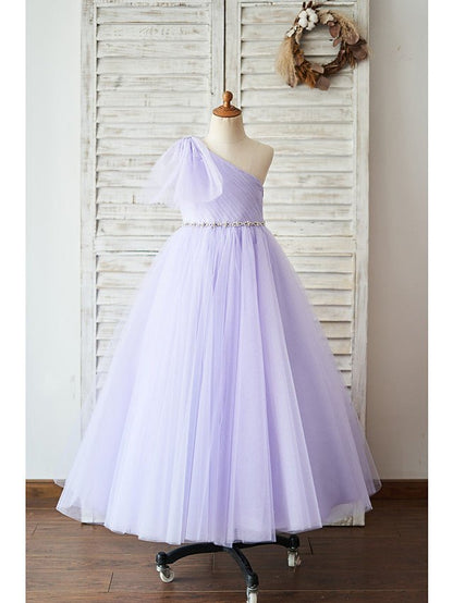 NumberSea - Ball Gown Tulle Sleeveless One Shoulder Wedding Birthday Flower Girl Dresses