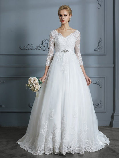 NumberSea - Ball Gown V - neck 3/4 Sleeves Court Train Lace Tulle Wedding Dresses