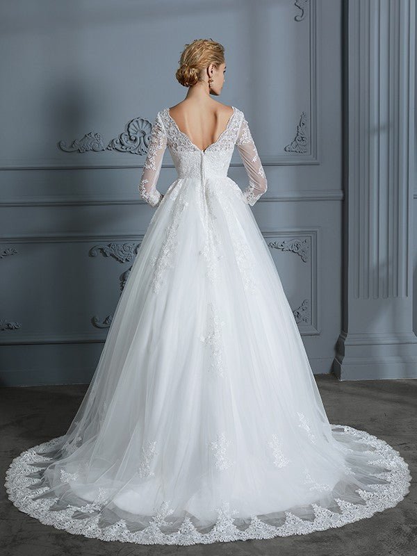 NumberSea - Ball Gown V - neck 3/4 Sleeves Court Train Lace Tulle Wedding Dresses