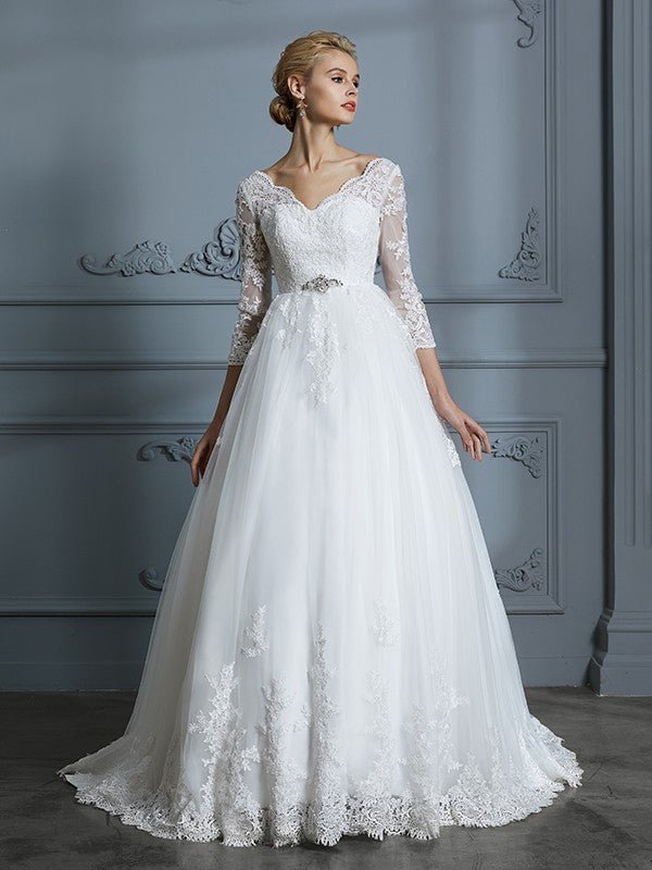 NumberSea - Ball Gown V - neck 3/4 Sleeves Court Train Lace Tulle Wedding Dresses