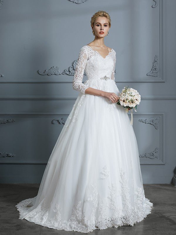 NumberSea - Ball Gown V - neck 3/4 Sleeves Court Train Lace Tulle Wedding Dresses