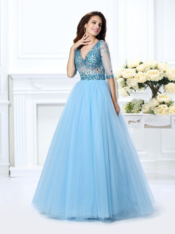 NumberSea - Ball Gown V - neck Beading 1/2 Sleeves Long Satin Quinceanera Dresses